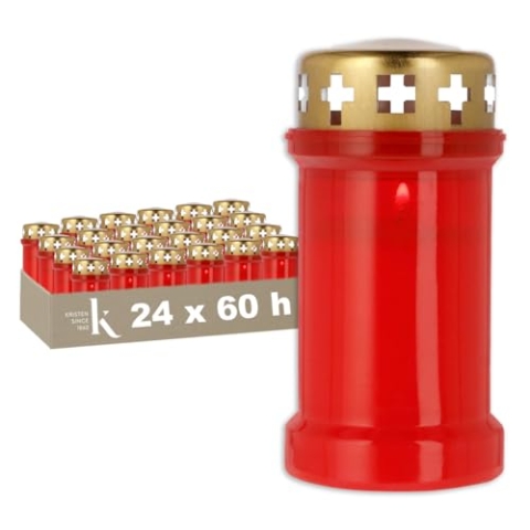 KRISTEN Traditionelles 3D-Grablicht für den Außenbereich – 60 Brennstunden – Rot – Set mit 24 Stück – Vorteilspack – Gedenklicht, Grabkerze, Gedenkkerze