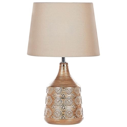 Tischlampe 47 cm Keramik Stoffschirm beige/braun Kabel mit Schalter Retro Wari