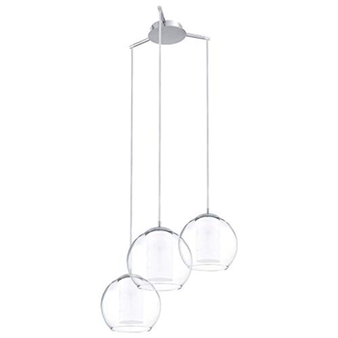 EGLO Pendelleuchte Bolsano, 3 flammige Hängelampe, Hängeleuchte aus Stahl und Glas in Chrom, Weiß, Klar, Esstischlampe, Wohnzimmerlampe hängend mit E27 Fassung