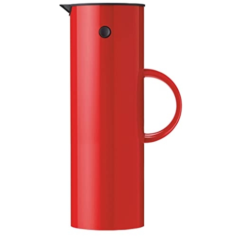 Stelton Isolierkanne EM77 - Doppelwandige Isolierkanne für heiße/kalte Getränke - Tee- & Kaffeekanne mit Glaseinsatz, Magnetverschluss, Schraubdeckel, Vintage-Design - 1 Liter, Rot
