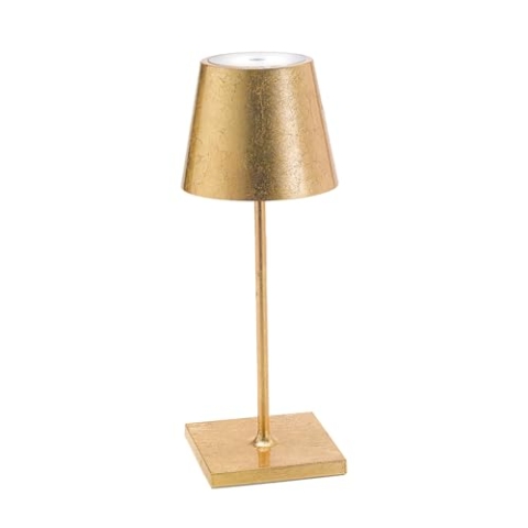 Zafferano, Poldina Pro Mini Lampe mit Goldfarbenes Blatt, Kabellose, Wiederaufladbare Tischlampe mit Touch Control, Für den Innenbereich Geeignet, Dimmer, 2200-3000 K, Höhe 30 cm