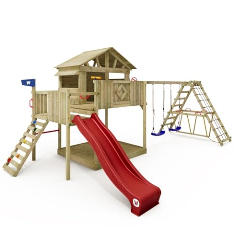 WICKEY Spielturm Klettergerüst Smart Fjord mit Schaukel & Roter Rutsche, Outdoor Kinder Kletterturm mit Sandkasten, Leiter & Spiel-Zubehör für den Garten