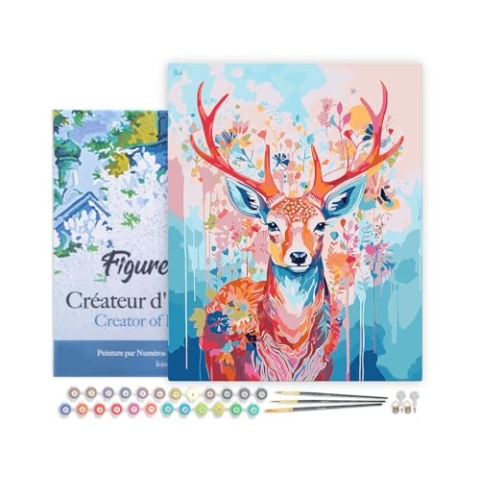 Figured'Art Malen Nach Zahlen Erwachsene Mit Rahmen Bunter Hirsch in voller Blüte - Paint by Numbers Basteln DIY Bastelset 40x50cm - Leinwand gespannt auf Holzrahmen