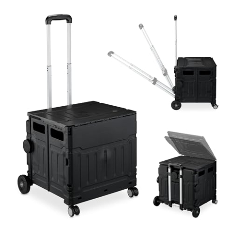 Relaxdays Einkaufstrolley, klappbar, Einkaufskorb mit Rollen, Deckel & neigbarem Teleskopgriff, bis 50 kg, schwarz