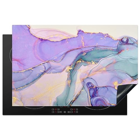 MuchoWow Herdabdeckplatte Ceranfeld Spritzschutz Küche Gold - Marmor - Lila 81x52 cm Induktionsherd Abdeckung Induktionskochfeld Ceranfeldabdeckung