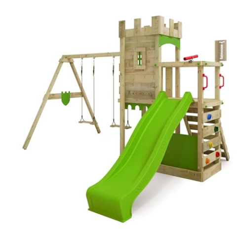 FATMOOSE Spielturm Ritterburg BoldBaron Boost XXL mit Schaukel & apfelgrüner Rutsche, Outdoor Kinder Kletterturm mit Sandkasten Leiter & Spiel-Zubehör für den Garten