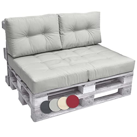 Beautissu Set Palettenkissen Outdoor 1x Sitzkissen 120x80cm & 2X Rückenkissen 60x40cm – Sitzkissen Paletten Möbel Couch Europaletten Auflage Palettensofa Palettenmöbel Kissen Balkon Lounge Hellgrau