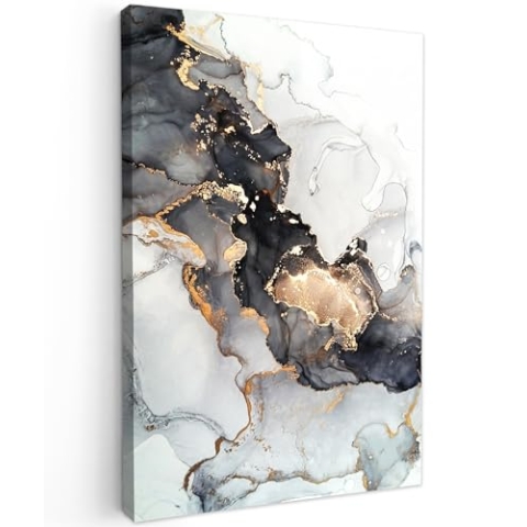 MuchoWow Leinwand Bilder, Einzigartige Wanddeko mit Rahmen, Marmor - Schwarz - Weiß - Gold - Luxus - Abstrakt, Wandbilder Wohnzimmer, Deko Schlafzimmer 60x90 cm