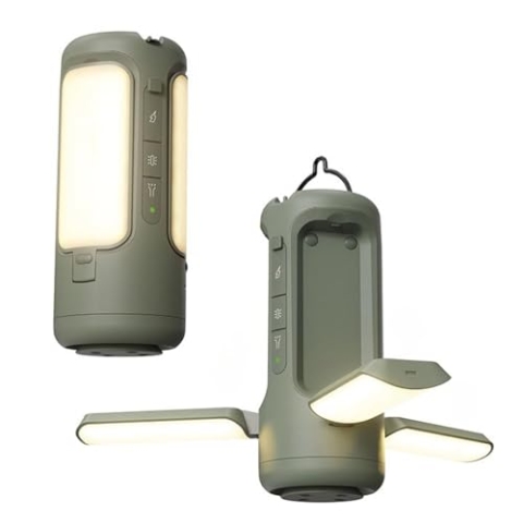 Perel Leistungsstarke Campinglampe mit Bluetooth-Lautsprecher und 6000 mAh Powerbank, für Camping, Wandern und Notfälle, tragbares Notlicht mit Haken, aufladbar per USB-Kabel