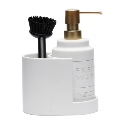 Riviera Maison Spülbeckenorganisator, seifenspender Set mit Spülbürste, seifenpumpe Küche, pumpspender 380 ml - Fresh Dispender Kitchen Set - Weiß, Polyresin - (LxBxH) 14.5x9.5x18.5