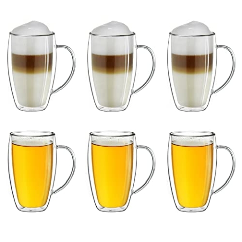 Creano doppelwandiges Thermoglas mit Henkel 250ml, großes Doppelwandglas aus Borosilikatglas, Kaffee-/Teeglas,6x 250ml