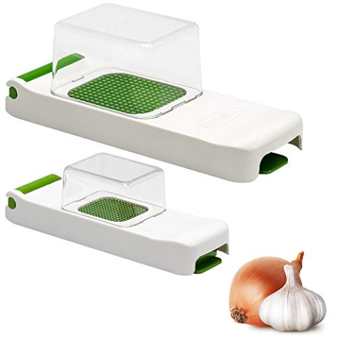 ALLIGATOR 3007 - 2-er Set Multifunktionsschneider mit Auffangboxen - Mini & Original - Gemüse- und Zwiebelschneider - 3x3 & 6x6 mm-Klingen - BPA-frei - Weiß und Grün