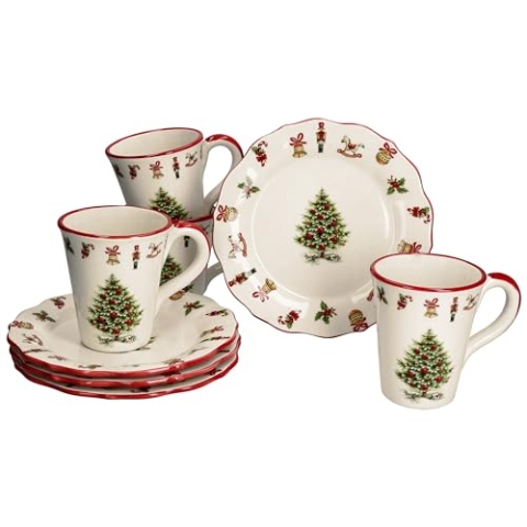 MamboCat Maestro Natale 8tlg Kaffeeset I Je 4X kleine Kuchenteller & Kaffeebecher 340ml für 4 Personen mit Weihnachtsdekor I Keramik-Geschirr für Weihnachten, Advent & Nikolaus