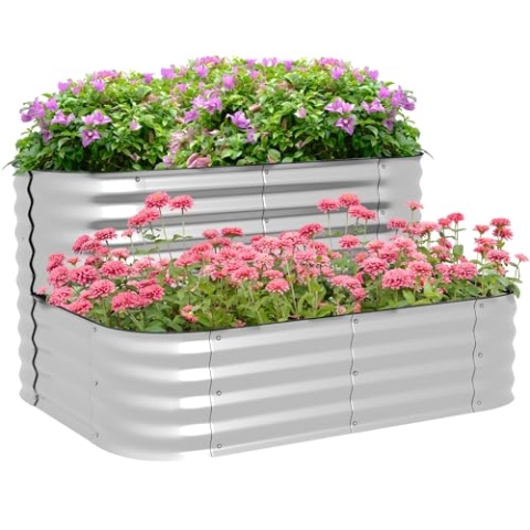 Outsunny Hochbeet Metall, 2-Stufiger Blumenkasten, Pflanzkasten, Gemüsebeet mit Schrauben, Kräuterbeet für Garten, Balkon, Silber, 118 x 45 x 30 cm