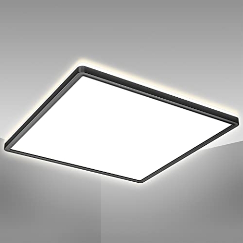 B.K.Licht - LED Deckenlampe mit indirektem Licht, ultraflach, neutralweiße Lichtfarbe, LED Panel, Deckenleuchte, Lampe, Wohnzimmerlampe, Schlafzimmerlampe, Küchenlampe, 42x42x2,9 cm, Schwarz