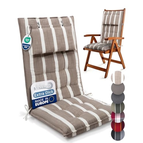 Beautissu Premium Hochlehner Auflage mit Kopfpolster 120x50cm Sun-HL – 8cm Dickes Polster Gartenstuhlauflage rutschfest Befestigungsbänder UV-Lichtechtheit 5 – Robuster Stoff Beige Weiß Gestreift