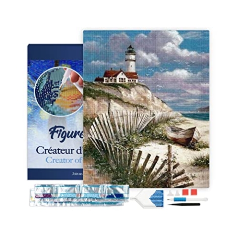 Figured'Art Diamond Painting Erwachsene 40x50cm Mit Rahmen Ganze Leinwand gespannt Haus an der Küste 5D Bilder Eckige Steine - DIY Set Basteln