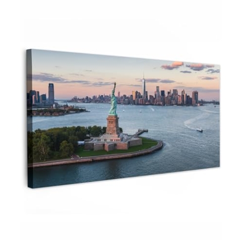 MuchoWow Leinwand Bilder, Einzigartige Wanddeko mit Rahmen, New York - Freiheitsstatue - Skyline, Wandbilder Wohnzimmer, Deko Schlafzimmer 80x40 cm