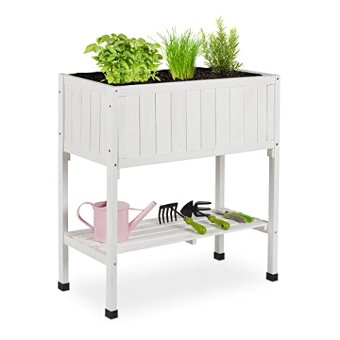 Relaxdays Hochbeet, Folie, Ablage, HxBxT: 80 x 74 x 38 cm, Garten, Balkon & Terrasse, Pflanztisch, Tannenholz, weiß, Holz