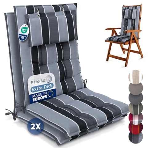 Beautissu 2er Set Premium Hochlehner Auflage Kopfpolster 120x50cm Sun-HL – 8cm Dick Polster Gartenstuhlauflage rutschfest Befestigungsbänder UV-Lichtechtheit 5 – Robust Stoff Anthrazit Gestreift