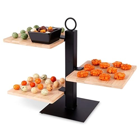 Servierständer Tortenplatte Servierplatte Serviertablett Tortenetagere Tortenständer Obstetagere Platte Servierteller Präsentationsteller Kuchenplatte aus Holz und Metall 4-stöckig 32x32x26,5 cm