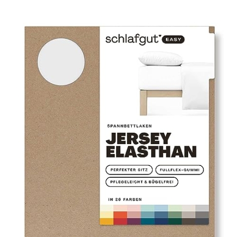 Schlafgut Easy Jersey Elasthan Spannbettlaken 120x200 bis 130x220 Full-White, Spannbetttuch aus superweicher Baumwolle mit Elasthan