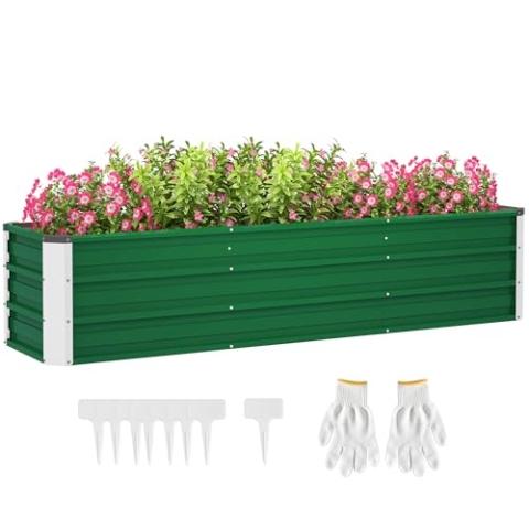 Outsunny Hochbeet aus Stahl Gartenbeet Pflanzkasten Blumenkasten Blumenkübel mit Handschuhe Grün 183 x 47 x 40 cm