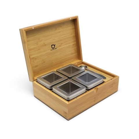 Bredemeijer kleine rechteckige Holz Teebeutelbox 14.5 x 18 cm inkl. 4 Teedosen & Teemaßlöffel - zur Aufbewahrung von losem Tee