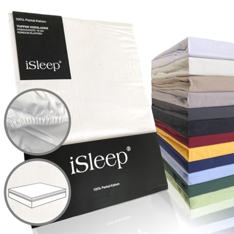 iSleep Topper Spannbettlaken Perkal 100% Baumwolle (Weiß, 180x210 cm)