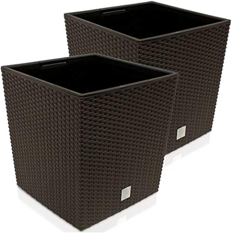 Deuba® 2X Blumentopf 35L 32x32x33cm Rato Low Innentopf Mit Griffen Wetterfest Rattanoptik Pflanzkasten Übertopf Pflanzkübel Blumenkasten Quadratisch Umbra