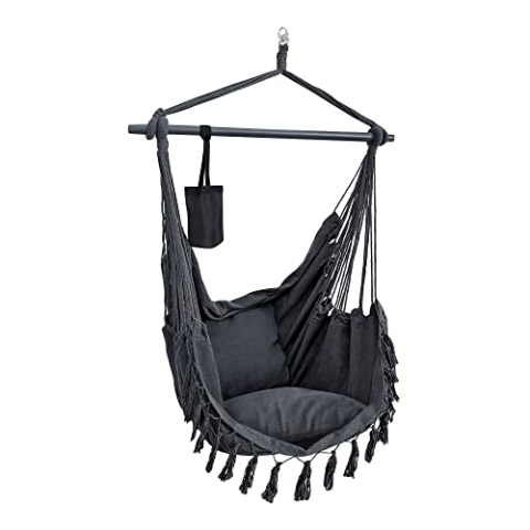 [en.casa] Outdoor Hängesessel Aranga ohne Gestell Indoor Hängeschaukel mit 2 Kissen Textil Hängestuhl für Balkon mit Aufhängung Getränkehalter max. 120 kg Dunkelgrau
