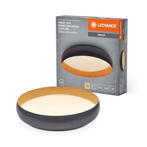 LEDVANCE ORBIS Livia LED-Deckenleuchte mit Metallring, grau/Holzdekor, 36W, 2000lm, 3000K, 520mm, 830 freundliches Warmweiß, durch Klicken in 3-Stufen dimmbar, IP20, Schrauben/Dübel inklusive