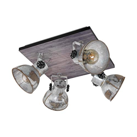EGLO Deckenlampe Barnstaple, 4 flammiger Vintage Deckenspot im Industrial Design, Retro Wandspot aus Stahl im Zink Used-Look, Holz, Farbe: Braun-Patina, schwarz, Fassung: E27