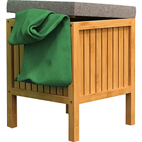 EISL BMBA02-WKBH Bambus Badhocker mit Wäschesammler, Wäsche Hocker mit Sitzfläche, Badezimmer Hocker Holz, Badmöbel zum Sitzen, Hellbraun, (B x H x T): ca. 39 x 52 x 39 cm