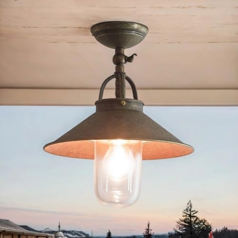 Licht-Erlebnisse Deckenlampe Außen Messing Premium E27 bis 70W Bronze Antik Glasschirm Handarbeit E27 Deckenleuchte Außenleuchte
