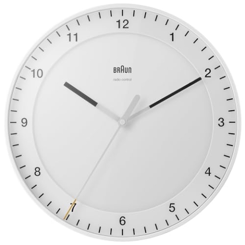Braun Klassische große Funkwanduhr Mitteleuropäische Zeitzone (MEZ/GMT+1) mit leisem Uhrwerk, leicht lesbarem Zifferblatt, 30cm Durchmesser, weißes Modell BC17W-DCF.