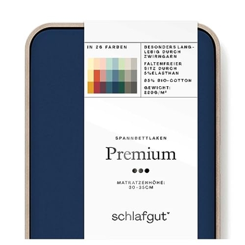 Schlafgut Premium Spannbettlaken 180x200cm bis 200x220cm Blue Deep, Spannbetttuch aus weicher Biobaumwolle