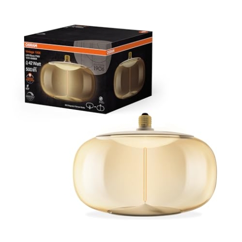OSRAM Vintage 1906 Big Elipse ist eine dimmbare LED-Lampe aus Kunststoff mit Filament in Ellipsenform. Sie bietet 12 W für 500 lm, E27 Fassung, Bernstein Design, 300 mm Durchmesser, CRI 80, 1800 K.