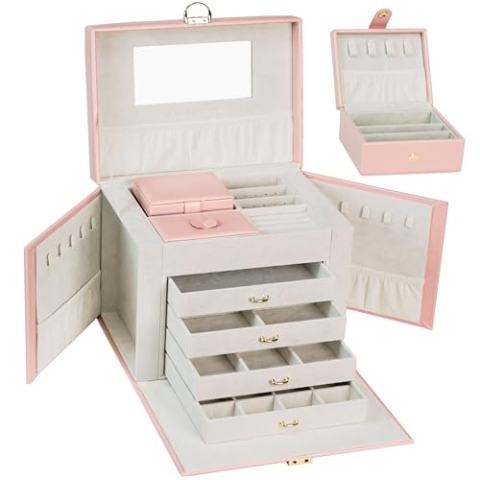 AdelDream Schmuckkasten Schmuckkoffer groß abschließbar 5 Ebenen mit 5 Schubladen mit Spiegel für Ringe Ohrringe Halsketten und Armbänder elegant und klassisch Rosa3
