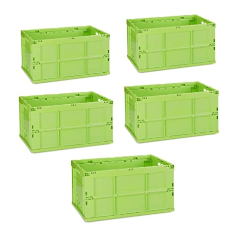 Relaxdays 5X Professionelle Transportbox, stabile Klappboxen, Gewerbe, hochwertiger Kunststoff, Qualität, 60 Liter, grün