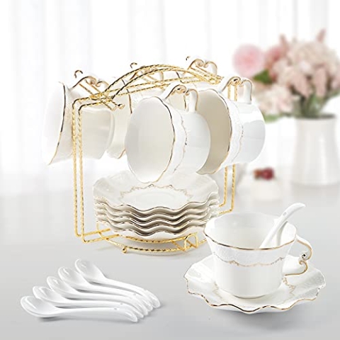 DUJUST Tassen & Untertassen von 6 (200 ml), Luxus-Teetasse Set mit goldenen Trimm, Reliefdruck Kaffeetassen mit Metallständer, britischer Königlicher Porzellan Tassen mit Untertassen Set - Weiß