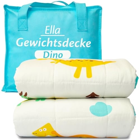 Ella Gewichtsdecke Kinder 3,2 kg 100x150 cm - Therapiedecke, für Stressabbau & Angstzustände, Hypoallergene Glasperlen, weiche & kühlende Baumwoll- Außenschicht, für Kinder von 25-40 kg - Dino