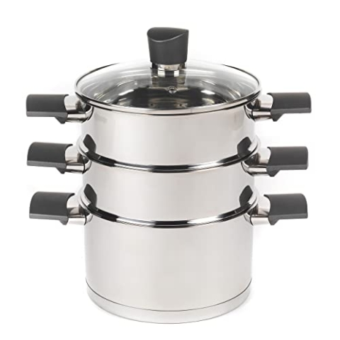 Russell Hobbs RH01170EU Excellence 3-teilig stapelbar Dampfgarer - 18cm-Dampfgarer-Set, Glasdeckel, Kompaktes Induktionspfannen, Großartig zum Zubereiten von Eiern, Fleisch, Chargenkochen, Edelstahl