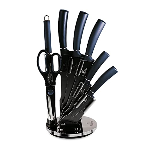 BerlingerHaus Haus Aquamarine Professionelles Küchenmesser-Set 8-Teilig, Edelstahl, Antihaftbeschichtung, Acrylhalter, Kochmesser, Zwiebelmesser, Santoku-Messer, Wetzstahl, Schere, Metallic-Design BH-2564 Marineblau