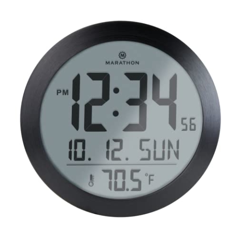 Marathon Miami Wanduhr, digital, rund, leise, integriertes Thermometer, Wandbefestigung, Schreibtisch-Halterung, große Kalenderanzeige, große Ziffern, Schwarz, Batterien enthalten