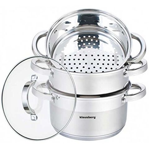 Klausberg Mantowarka Dampfkocher 20cm Set Induktion Kochtopf Dampfgarer Glasdeck (Silber, 4 Teile)