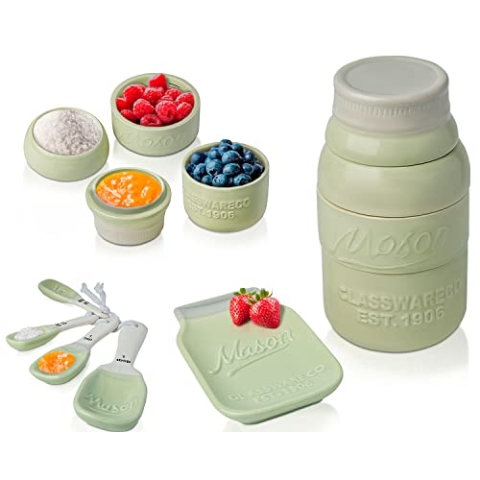 Comfify Vintage Küchenset - Mehrteiliges Küchenkeramik-Dekor-Set mit 4 Messbechern, 4 Messlöffeln und Löffelauflage - Attraktiver Vintage-Stil in Pastellgrün - geprägtes Keramik