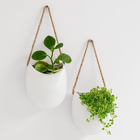 Kazai. Wandvasen -Ellie- | Hängende Keramik-Blumentöpfe 2-teilig | Wand-Deko für Zimmer, Balkon und Garten | Weiss (matt)