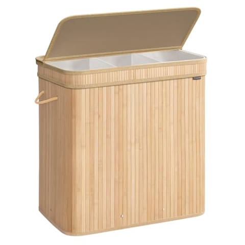 SONGMICS Wäschekorb mit Deckel, Wäschesammler Bambus, Wäschesack herausnehmbar und maschinenwaschbar, mit Griffen, 150 Liter, für Waschküche, Schlafzimmer, Wohnzimmer, naturbeige LCB062N01