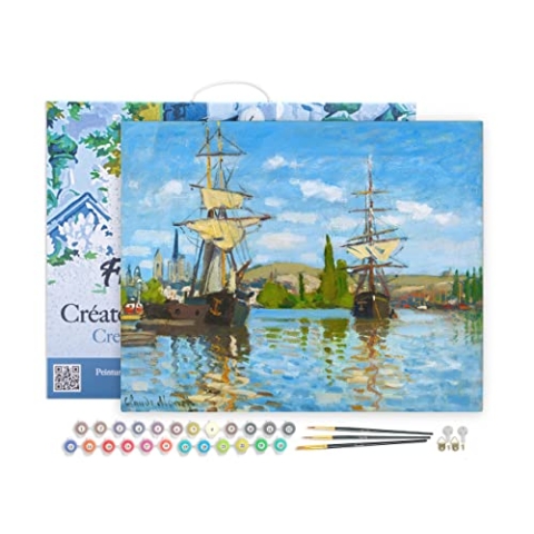 Figured'Art Malen Nach Zahlen Erwachsene Mit Rahmen Schiffe auf der seine in Rouen - Monet - Paint by Numbers Basteln DIY Bastelset 40x50cm Leinwand gespannt auf Holzrahmen